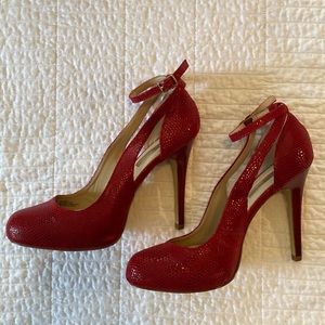 New in box ruby red INC Stiletto with ankle strap. Suede faux alligator skin.